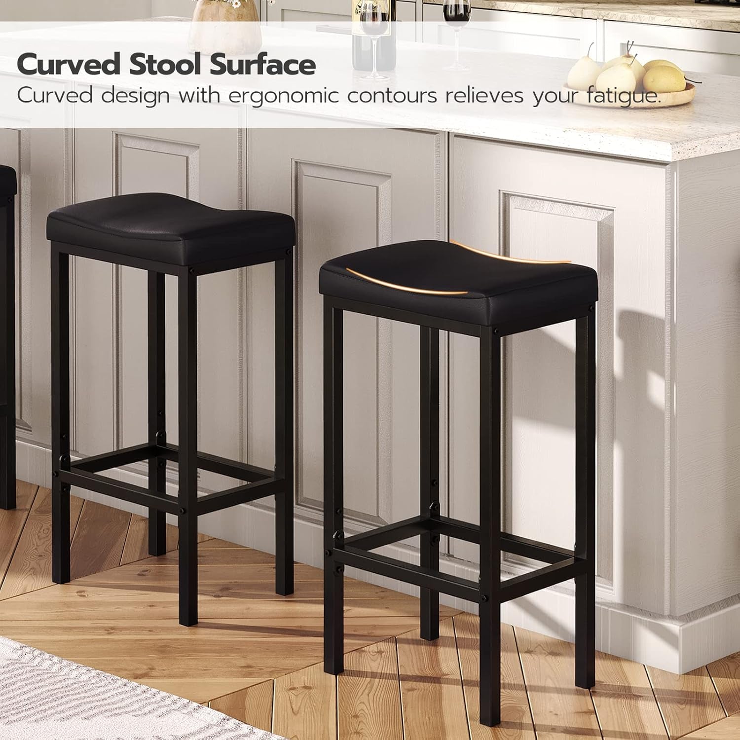 Bar Stools, Set of 2 Bar Chairs, Counter Height Stools, Saddle Barstools with Curved Surface, 24.8 Inches, 2.4" Thick Upholstery, for Kitchen, Dining Room, Cafe Black BB10BY01