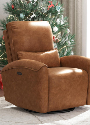 Power Swivel Rocker Recliner Chair with USB Charging Port, 23.2-Inch Wide Seat, Fixed Lumbar Support, Upholstered Glider for Nursery and Living Room, Brown