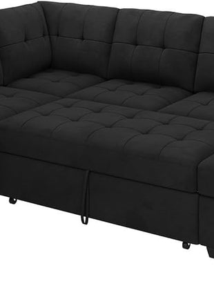 Luxurious Velvet Black Sectional Sleeper Sofa with Storage Chaise – Ideal Pull-Out Bed for Your Living Room