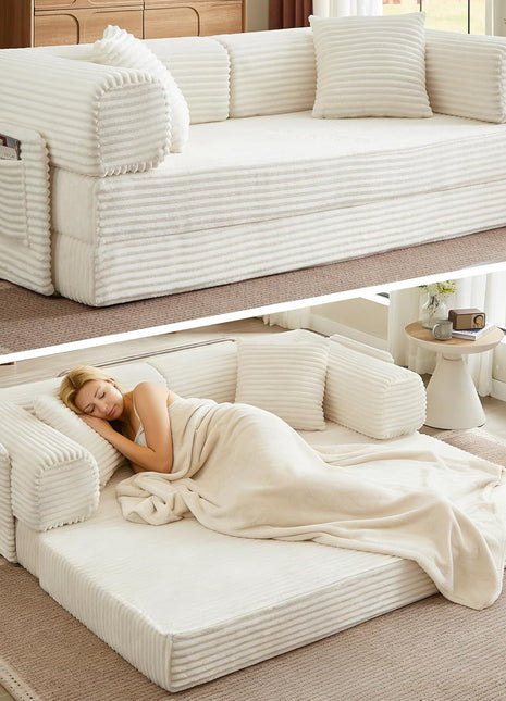 Oversized White Corduroy Futon Sofa Bed - Elegant Boneless Folding Couch for Living Room