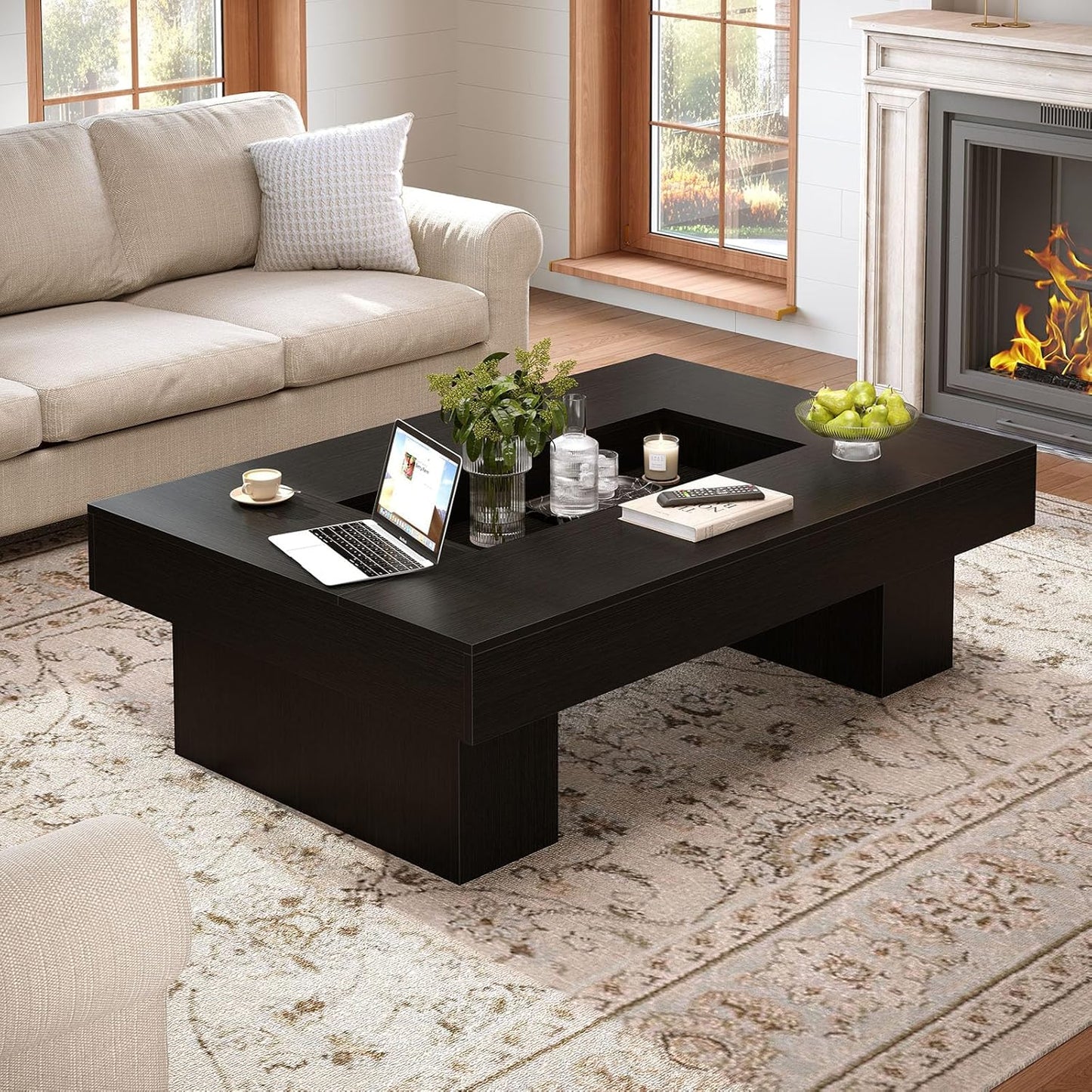 Black Coffee Table, Modern Wood Led Living Room Table with Storage, Unique Large Wide Rectangle Center Table with LED Light, Contemporary Low Tea Table for Bedroom Home Office, 47.24 In, Black Oak