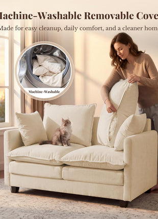 Upgraded Loveseat Sofa with 3-Layer Cushion, 27" Deep Seat, and 2 Washable Pillows, Ideal for Small Spaces, 50-Inch Beige