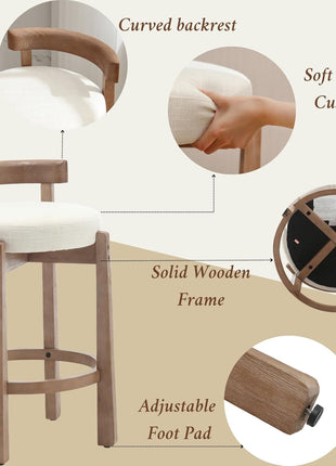 Set of 2 Mid-Century Modern Linen Upholstered Bar Stools, 26.5-Inch Counter Height with Solid Wood Legs for Kitchen Island and Dining Room, Beige