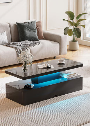 Contemporary 40-Inch LED-Illuminated Rectangular Coffee Table with Dual Tiers and Ample Storage, High Gloss Wooden Finish, Ideal for Living Room, Bedroom, and Office, Black