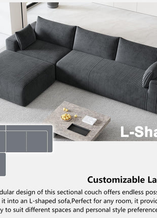Luxurious 108" Modular Sectional Sofa in Dark Gray Corduroy - L-Shaped Design with Deep Chaise and No Assembly Required - Ideal for Apartment Living