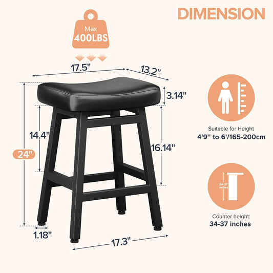 Counter Height Bar Stools Set of 2, 24 Inch Barstools for Kitchen Counter, Kitchen Stools with Bonded Leather Saddle Seats & Heavy Duty Metal Legs, Easy Assembly, All Black