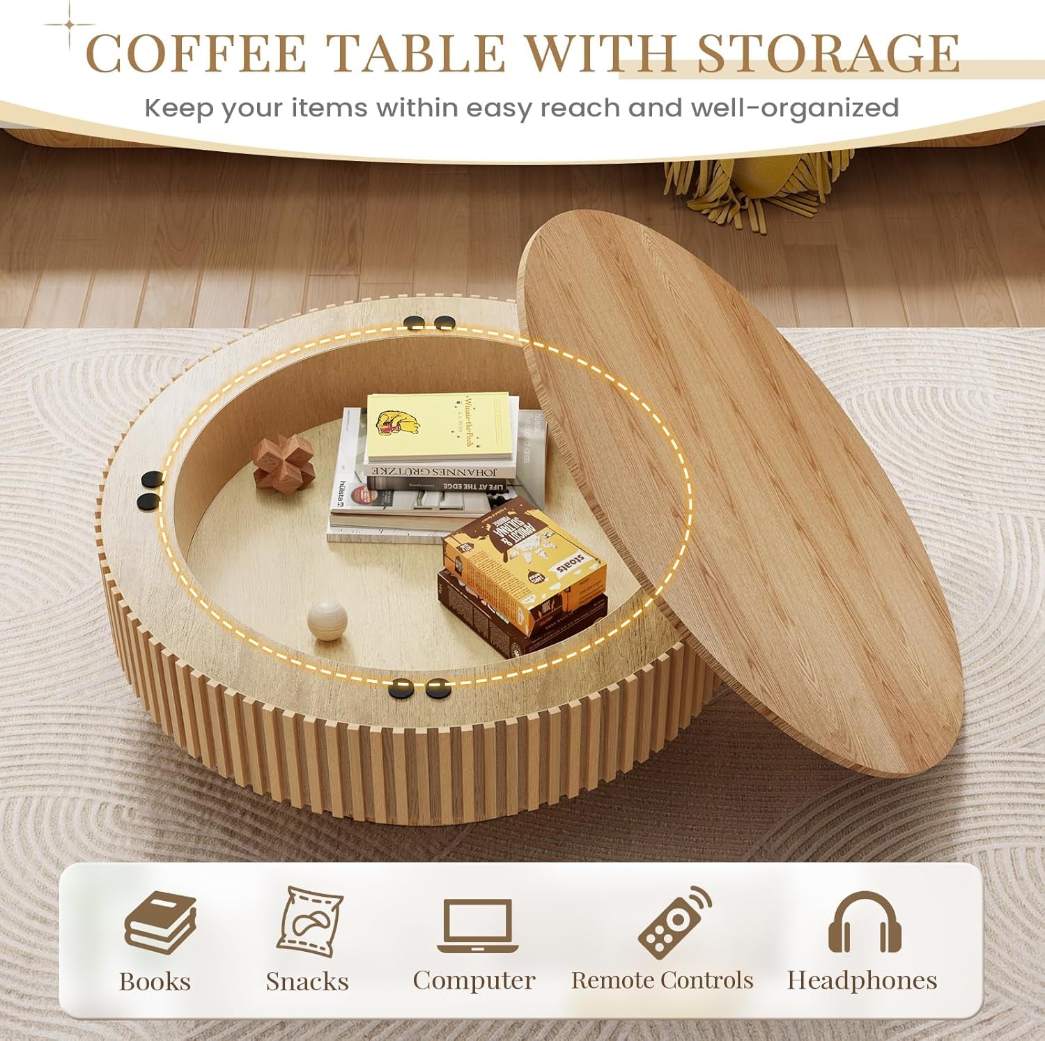 39.37'' round Coffee Table with Storage, Modern Fluted Circle Coffee Table Unique Drum Low Center Tea Table with Solid Wood Veneered for Living Room, Mesas De Centro Para Sala, Natural