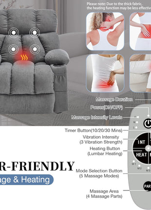 Ergonomic Massage Rocker Recliner Chair with Heat and Vibration - Overstuffed Lounge Chair for Living Room with 4 Side Pockets and 2 Cup Holders in Grey