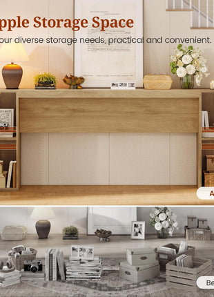 70.9-Inch Extra Long Console Table with Dual Storage Cabinets, Wooden Sofa Table for Behind Couch, Elegant Entryway Table with Double Base for Living Room, Hallway, and Foyer in Natural Oak Finish
