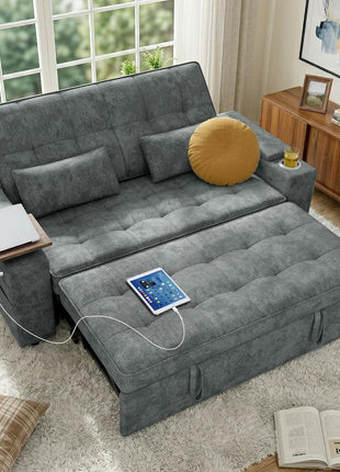 Versatile 65-Inch Chenille Sleeper Sofa Bed - Stylish Convertible Loveseat with Adjustable Backrest, Integrated Side Table, Built-In Charging Port, Cup Holder, and Hidden Storage in Dark Grey