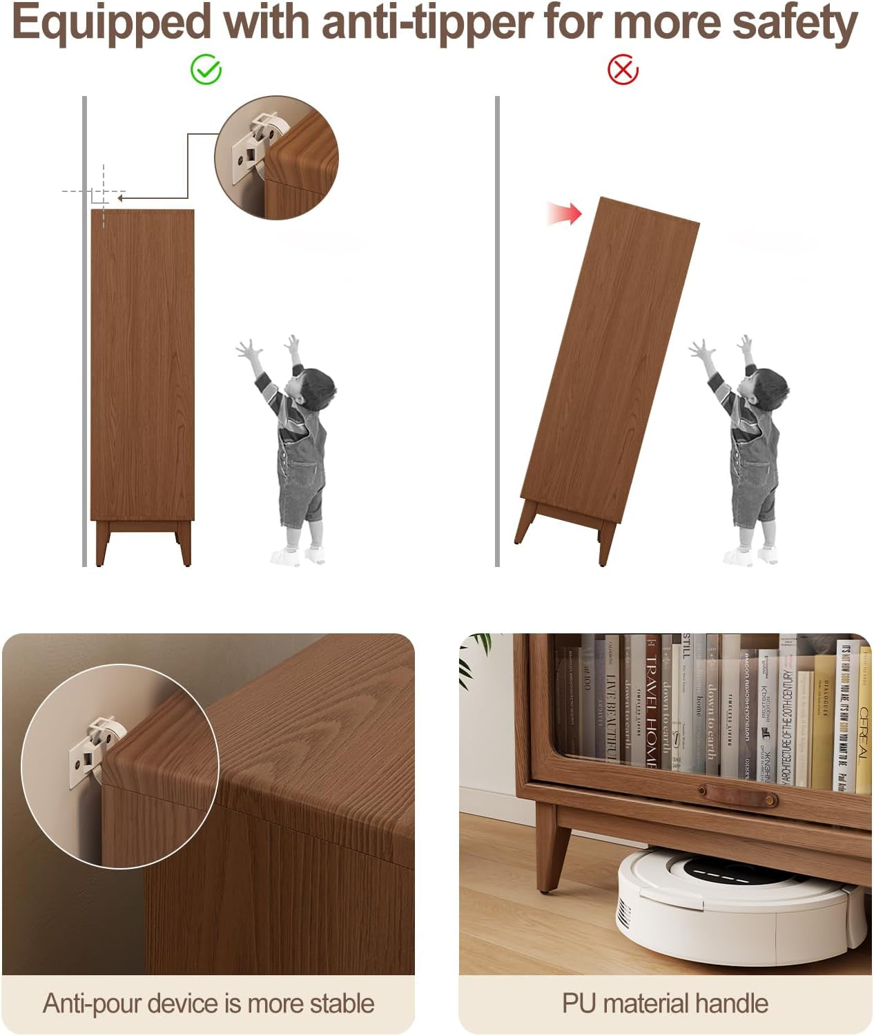 Solid Wood Bookcase 4-Tire with Tempered Glass Flip-Up Doors,60Hx13.7Dx32W Bookshelves Finish Cube Storage Organizer,Bookshelf Versatile Pantry Cabinet for Living Room Home Office