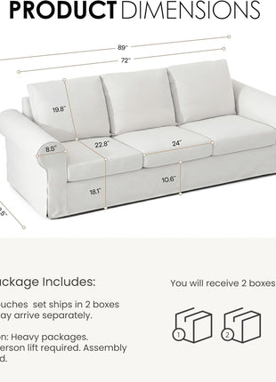 89-Inch Three-Seat Sofa for Living Room, Deep-Seated Comfortable Couch with Removable Linen Slipcover, Modern Farmhouse Style with Rolled Arms and High Back Support, Cream White
