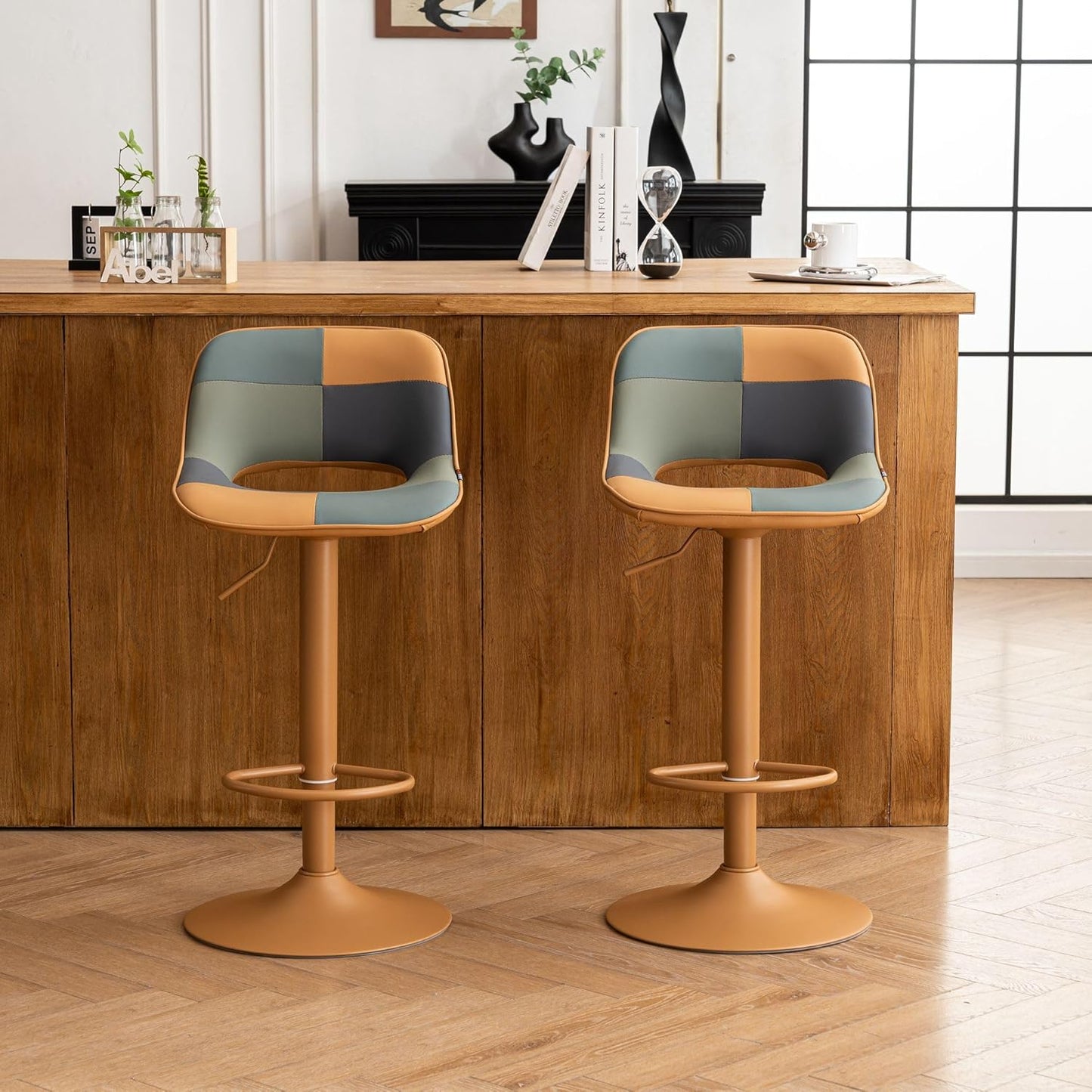 Bar Stools Set of 2, Boho Colorful Patchwork Barstools, Adjustable Swivel Counter Height Bar Stool Faux Leather Upholstered Barstool with Back, Compact Bar Chair for Kitchen Island, Tangreen