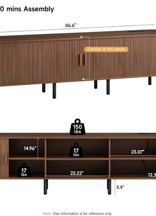 86.6" Contemporary TV Stand with Power Outlet for TVs up to 90 Inches, Entertainment Center with Storage and Adjustable Shelves, Walnut Finish and Sliding Doors for Living Room