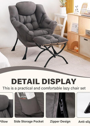 Contemporary Dark Grey Accent Chair and Ottoman Set with Folding Footstool and Armrest Design for Living Room, Bedroom, and Office