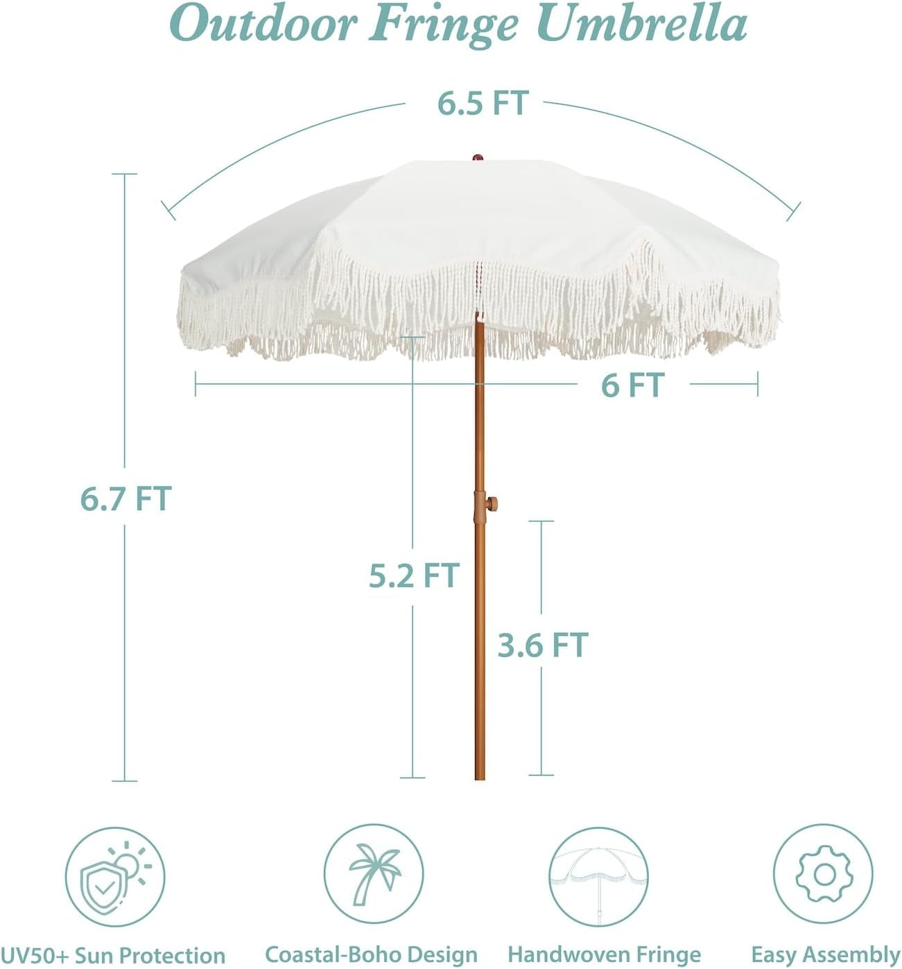 Boho Fringe Umbrella Outdoor Patio, 6.5Ft UPF50+ Picnic Umbrella with Tassels with Steel Pole and Push Button Tilt, Antique White