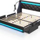Full Bed Frame with LED Lights and Charging Station, PU Leather Bed with Drawers, Wooden Slats, Noise Free, Easy Assembly, Black