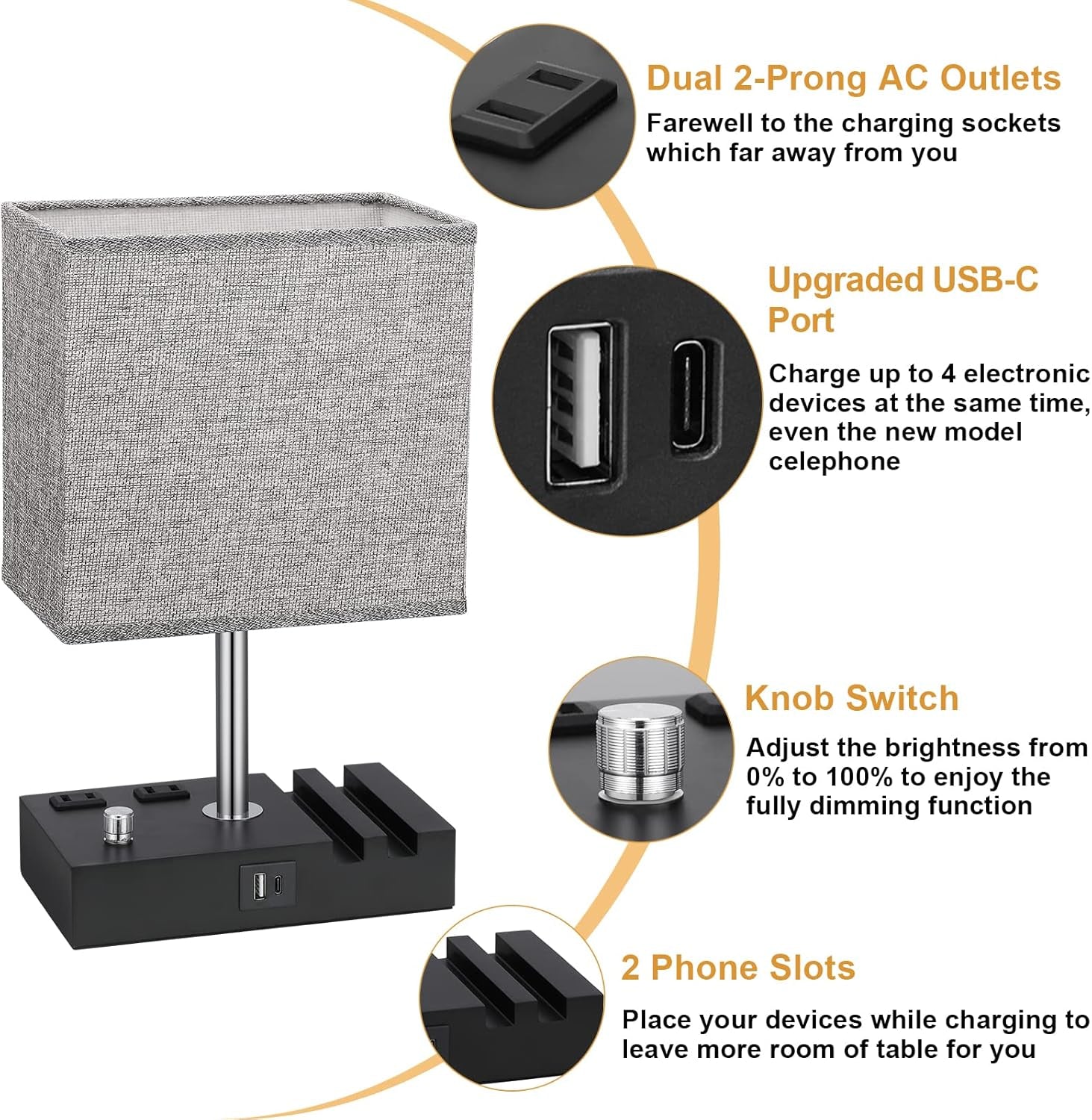 Fully Dimmable Nightstand Lamp for Bedroom with USB C Ports, Grey Small Bedside Table Lamp with Charging Outlets and Phone Stands, Wooden Desk Lamp for Living Room, LED Bulb Included