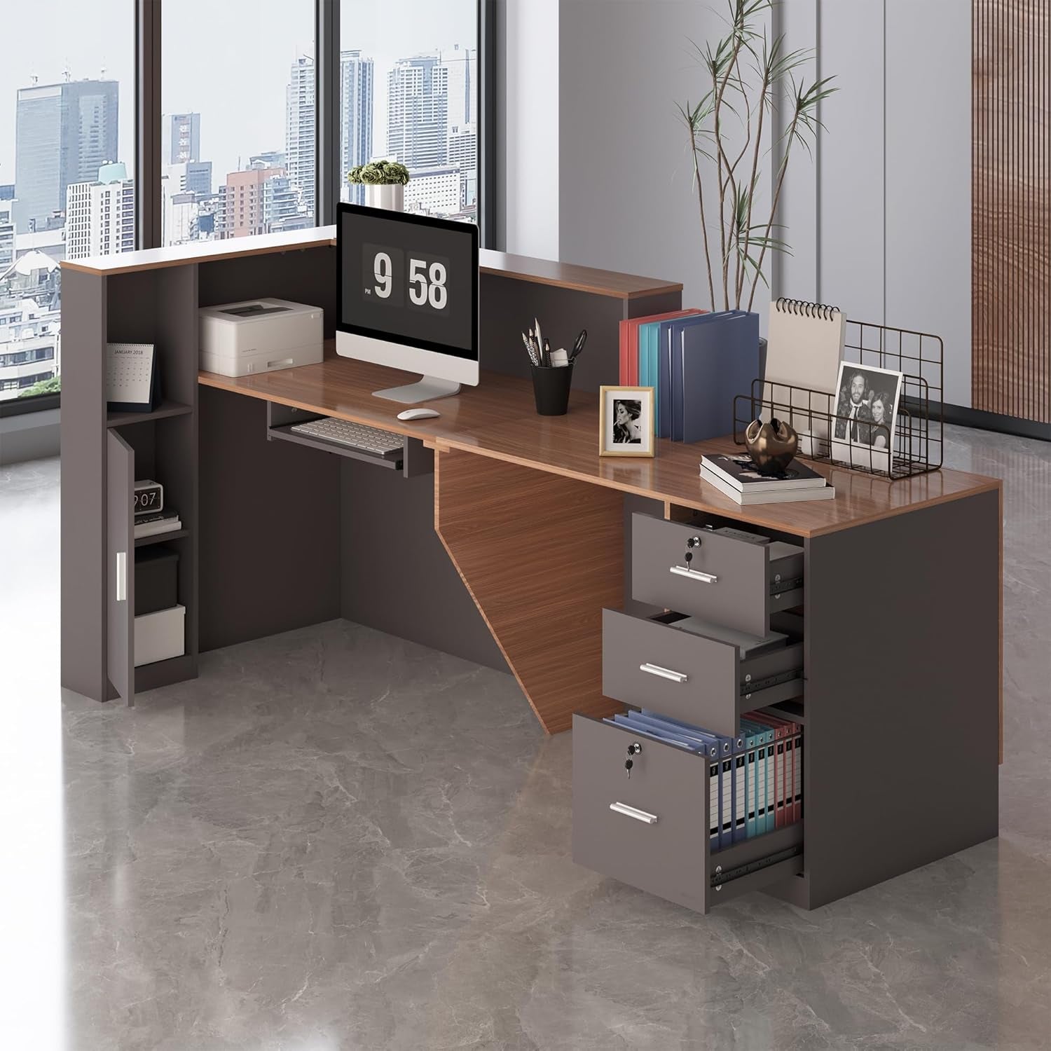 L-Shaped Reception Desk with Lockable Drawers, Adjustable File Cabinet & Keyboard Tray, Modern Front Counter for Office, Salon, or Lobby (Right-L Walnut/Slate Gray, 70.9''L X 23.6''W X 41.3''H)