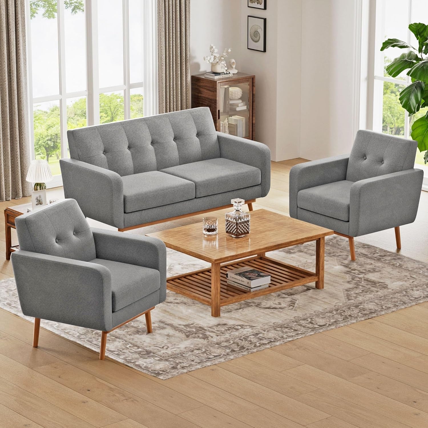 Living Room Set, Button Tufted Living Room Furniture Sets, Upholstered Modern Couch Set with Solid Frame, Sofa Set for Living Room (Dark Grey, 3 Piece Set-1*Loveseat+2*Chair)