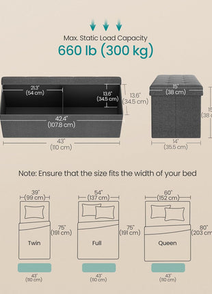 MAZIE Collection 43-Inch Folding Storage Ottoman Bench - Functional Footrest and Storage Solution for Living Room, Bedroom, and Entryway, Dark Gray, 660 lb Capacity