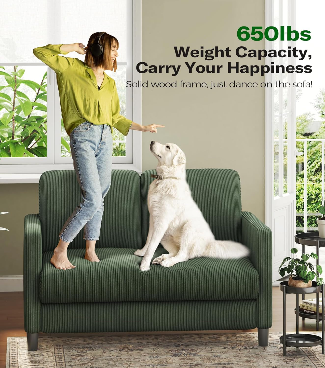 Loveseat Sofa, 51" Love Seat, Comfy Corduroy Small Loveseat for Small Spaces, Tool-Free Setup Couch for Bedroom, All-Wood Couches for Living Room, No Pillow Included, Green