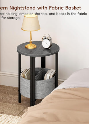 Set of 2 Contemporary Half Moon Accent Tables with Storage Basket, Small Round Side Tables for Living Room and Bedroom in Gray Walnut