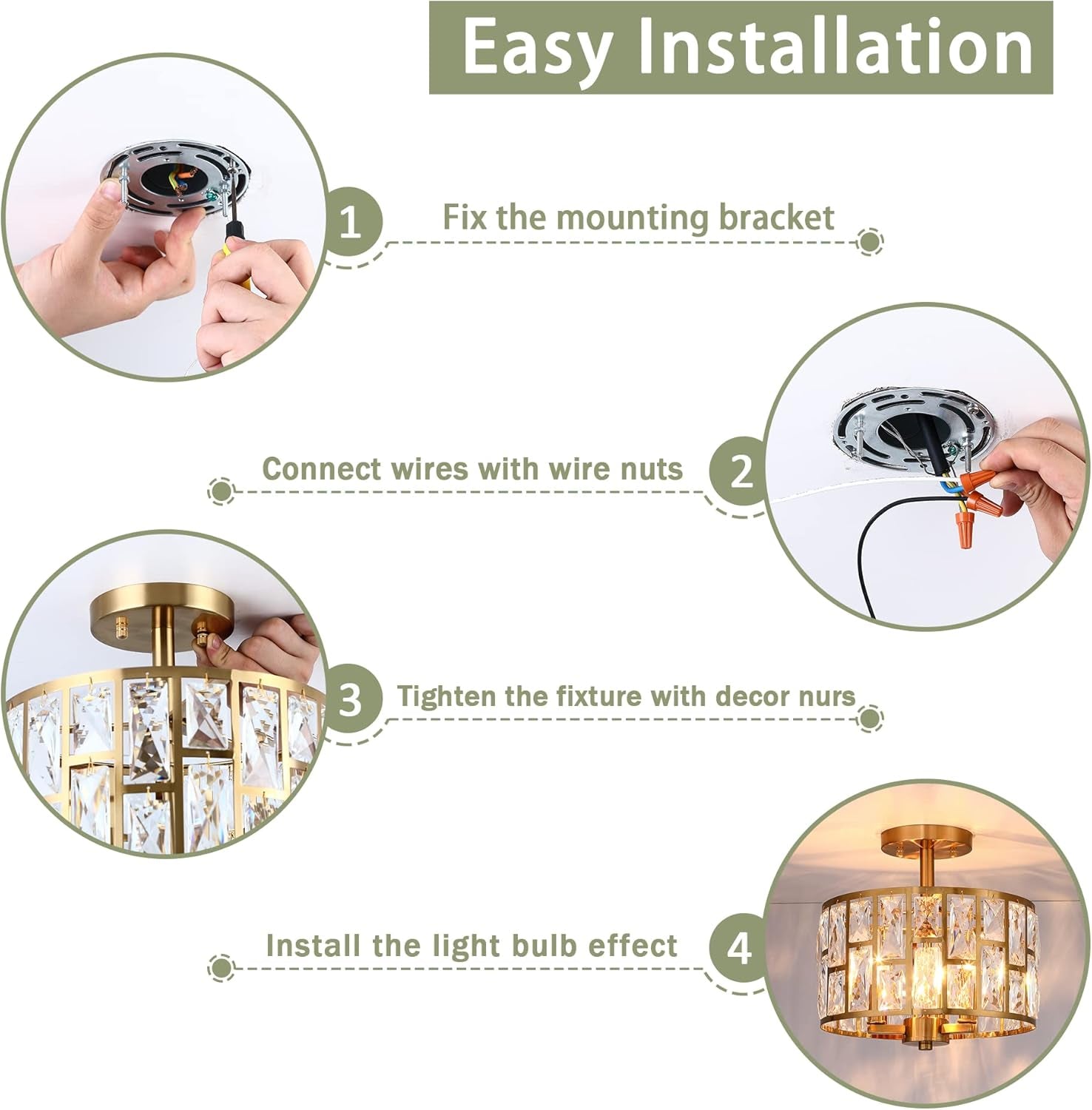 Gold Finish 3LT Crystal Semi Flush Mount Ceiling Light Fixture, Cylinder Drum Shade, Close to Ceiling, Perfect for Kitchen, Dining Room, Bedroom, Living Room, Entryway, Foyer