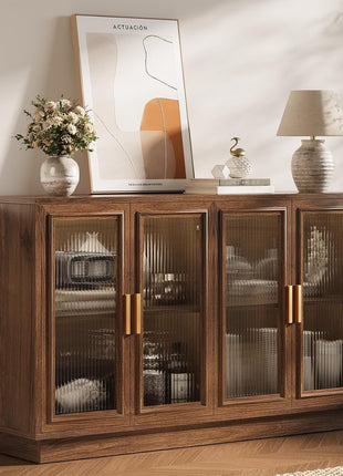 Mid-Century Modern Walnut Sideboard Buffet Cabinet with Storage - 55.1" Wood Kitchen Credenza with 4 Doors for Dining Room, Living Room, and Entryway