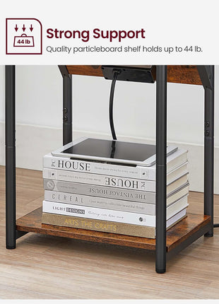 Set of 2 Rustic Brown and Black End Tables with Charging Station, Nightstands Featuring Outlets and USB Ports, Ideal for Living Room and Bedroom with Storage Shelf