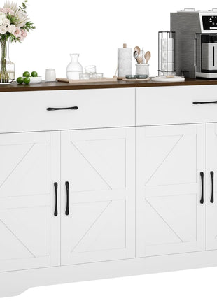 Modern 55.1-Inch Sideboard Buffet Cabinet with Storage, Drawers, and Doors for Kitchen and Living Room, White Wood Farmhouse Coffee Bar Table