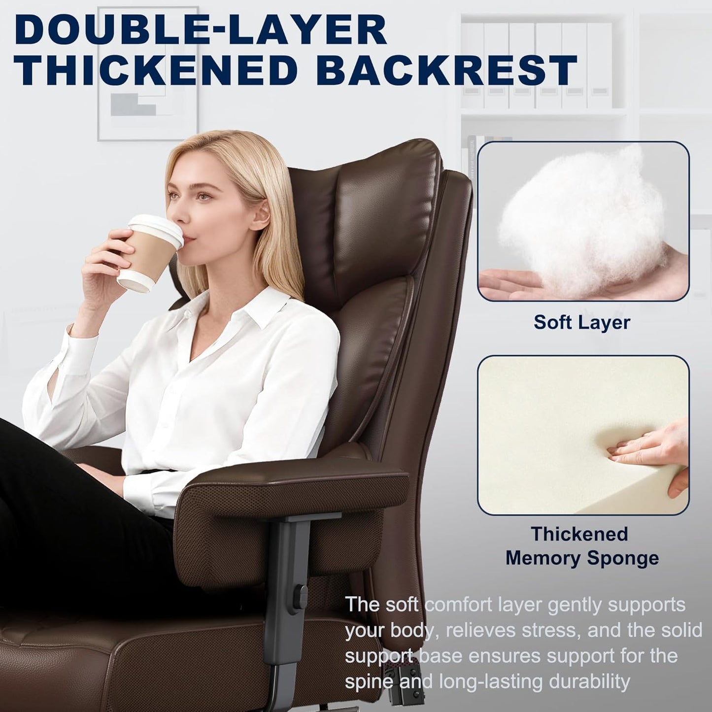 Big and Tall Office Chair with Footrest, High Back Executive Desk Chair with Adjustable Lift Armrest, 155°Recline，Lumbar Support Pillow, Faux Leather Gaming Chairs for Home or Office Brown