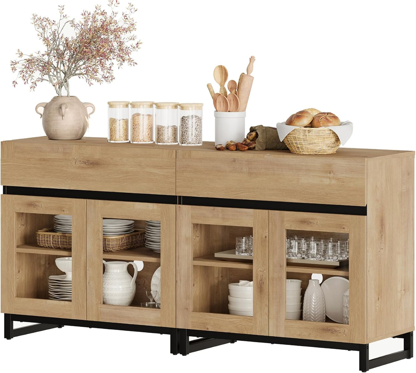 63'' Multifunctional Sideboard Buffet Cabinets with 4 Glass Doors and and 2 Drawers, Modern Sideboard Credenza, Coffee Bar Storage Cabinet for Living Room, Kitchen, Oak