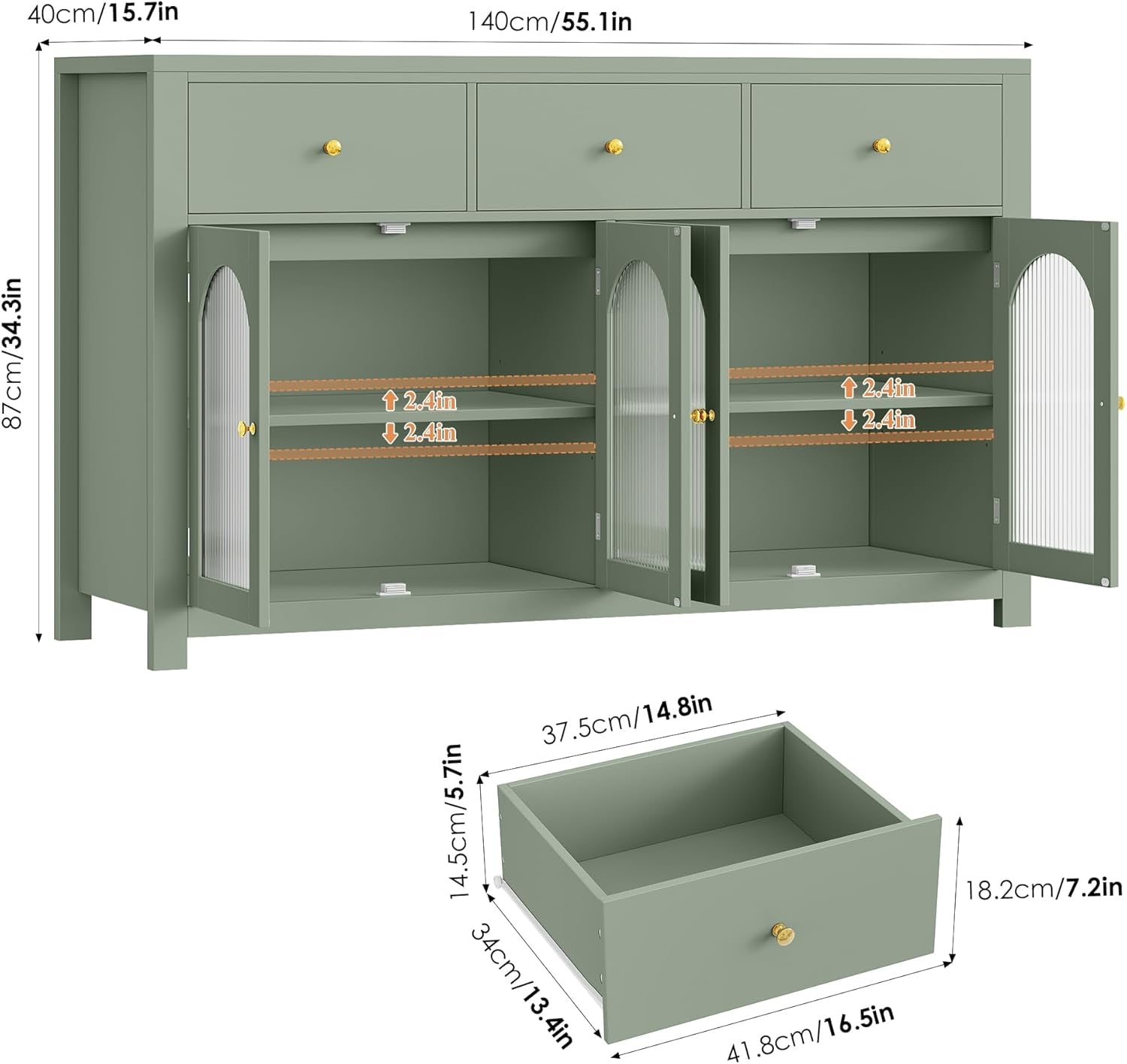 Buffet Cabinet with Storage, 55.1" Large Sideboard Buffet, Farmhouse Kitchen Cabinet with 3 Drawers and 4 Doors, Wood Coffee Bar Table for Kitchen, Green