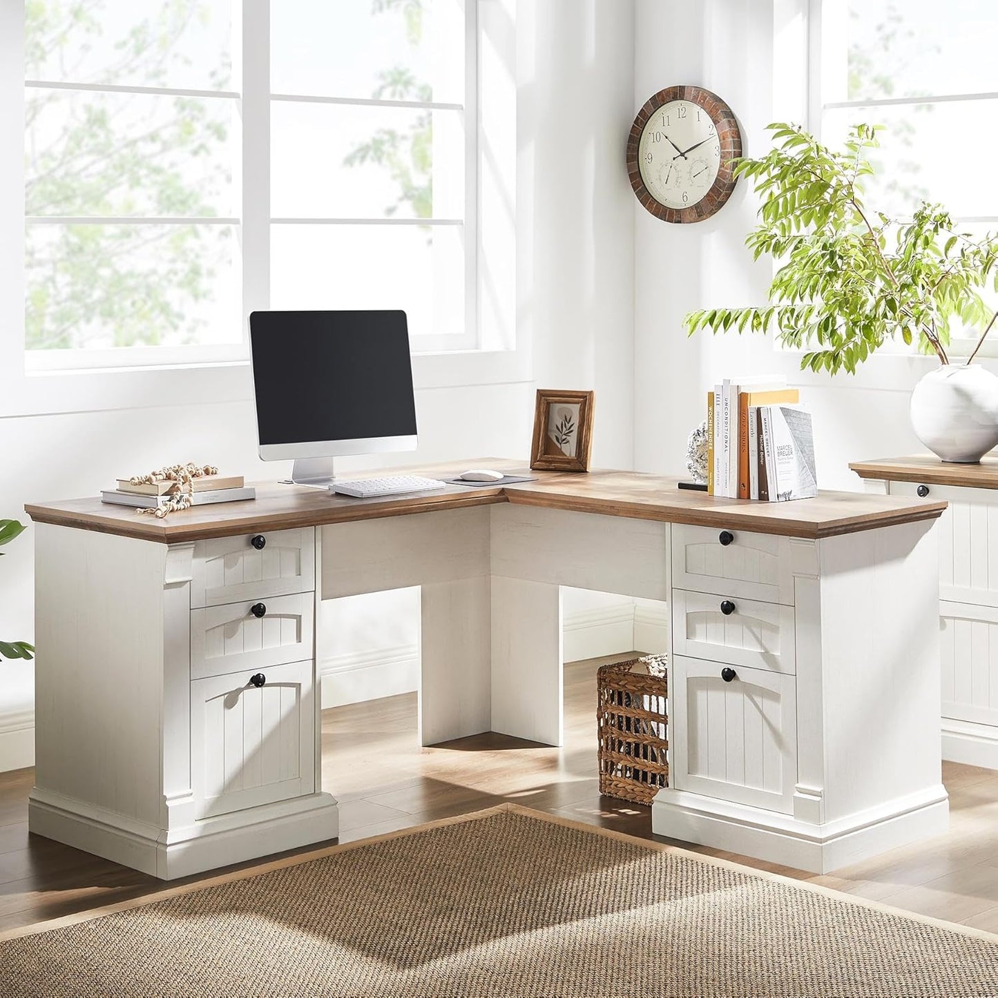 60" L Shaped Executive Desk with Drawers, Farmhouse Home Office Desk with Charging Station, File Cabinet Storage, Wood Corner Computer Desk for Work and Study, Antique White