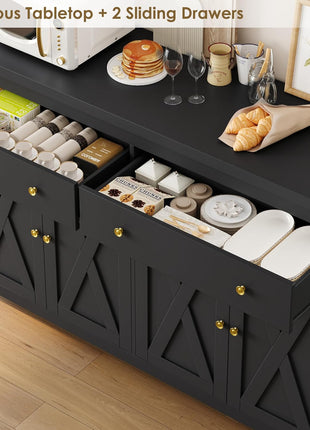 55-Inch Sideboard Buffet Cabinet with Storage Solutions, Including 2 Drawers and 4 Doors, Wood Coffee Bar Buffet Table for Kitchen and Dining Room in Black Finish