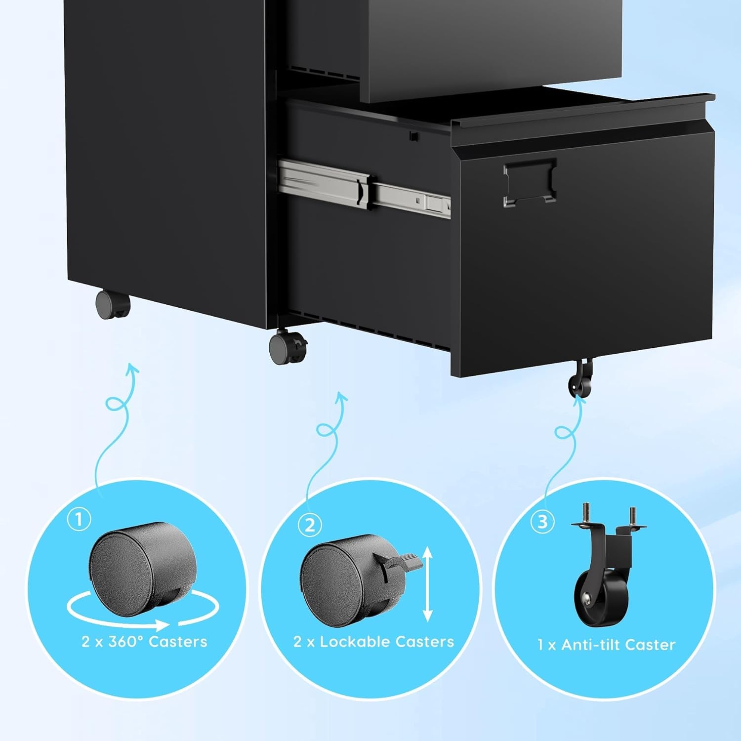 2 Drawer File Cabinet with Wheels, Lockable Metal Filing Cabinet with Business Card Slot for Legal/Letter Size Home Office, Required Assembled,Black