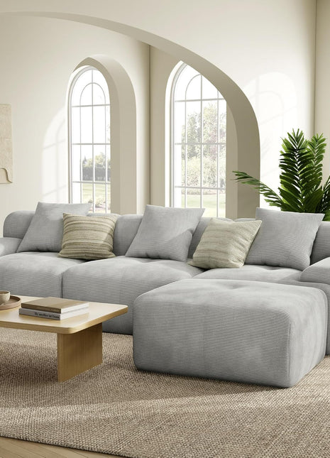 Lumicord 118" L-Shaped Modular Sectional Sofa with Ottoman, Oversized Deep Seat Corduroy Upholstery, No Assembly Required, Grey