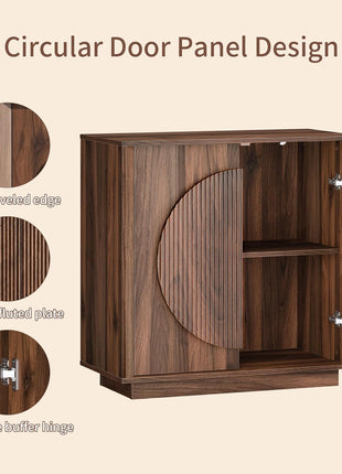 Contemporary Walnut Buffet Cabinet with Storage, Round Fluted Door Sideboard with Shelves, Modular Coffee Bar, Deep Beveled Design for Dining Room, Kitchen, Living Room, and Entryway, 32