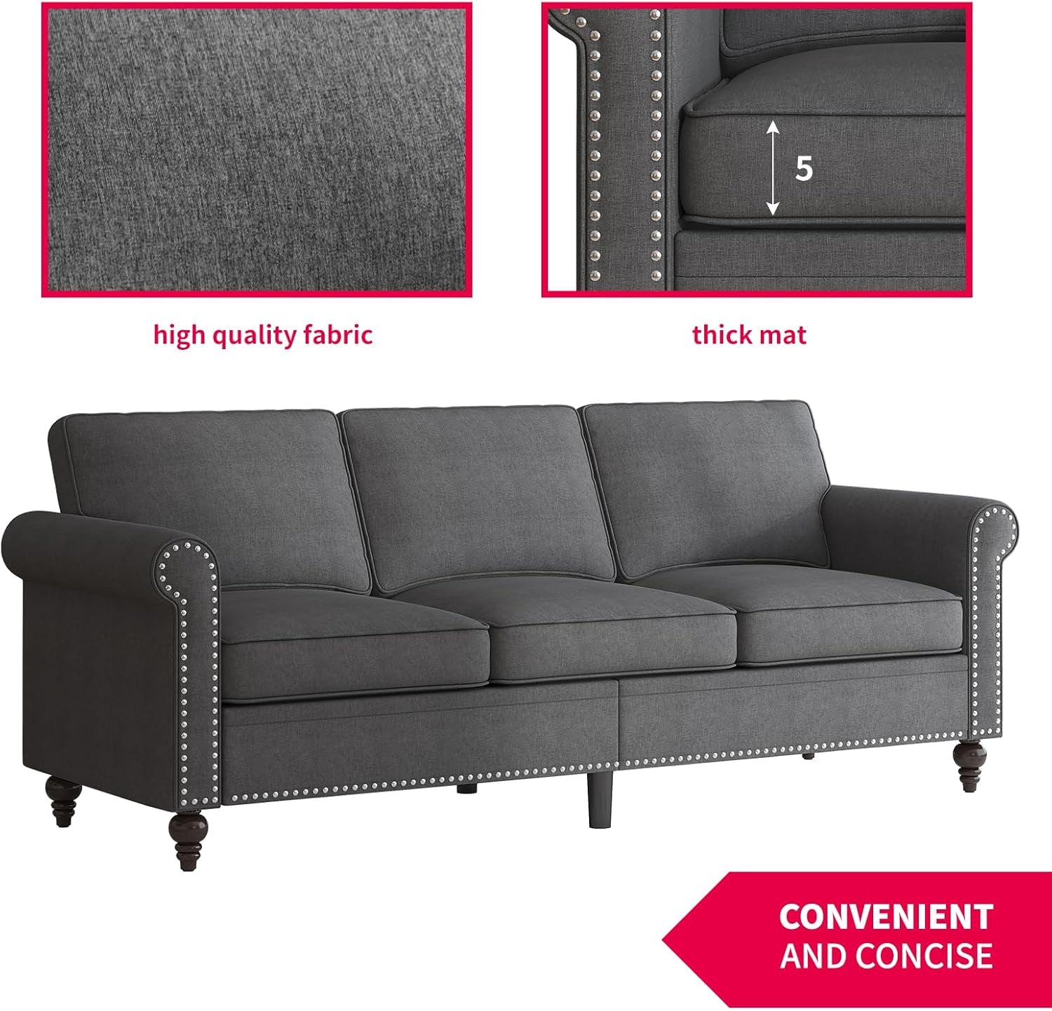 3PCS Sofa Set for Living Room,Modern Linen Couch Set with Nailhead Trim Design, Living Room Furniture Set for Office,Apartment, Home(Sofa & Loveseat & Chair/Dark Grey)