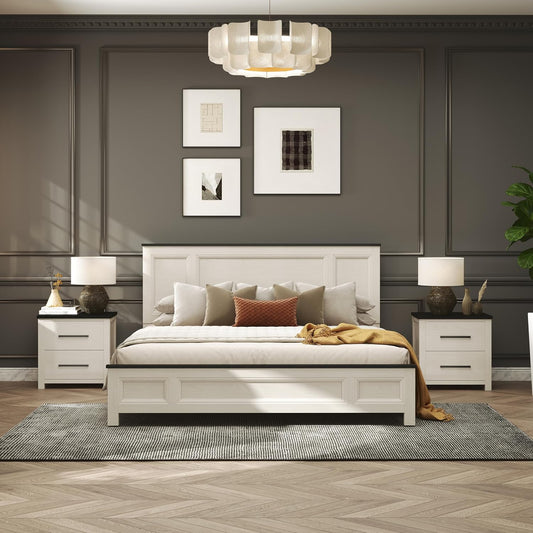 Realynn 5-Piece Wood Bedroom Set, King Size Panel Bed with Dresser, Mirror, and 2 Nightstands, Off-White Finish