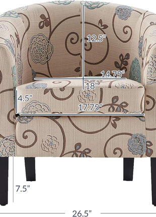 Highland Floral Print Linen Round Accent Barrel Chair - Elegant Club Tub Sofa for Living Room and Bedroom with Flared Legs and Plush Padding