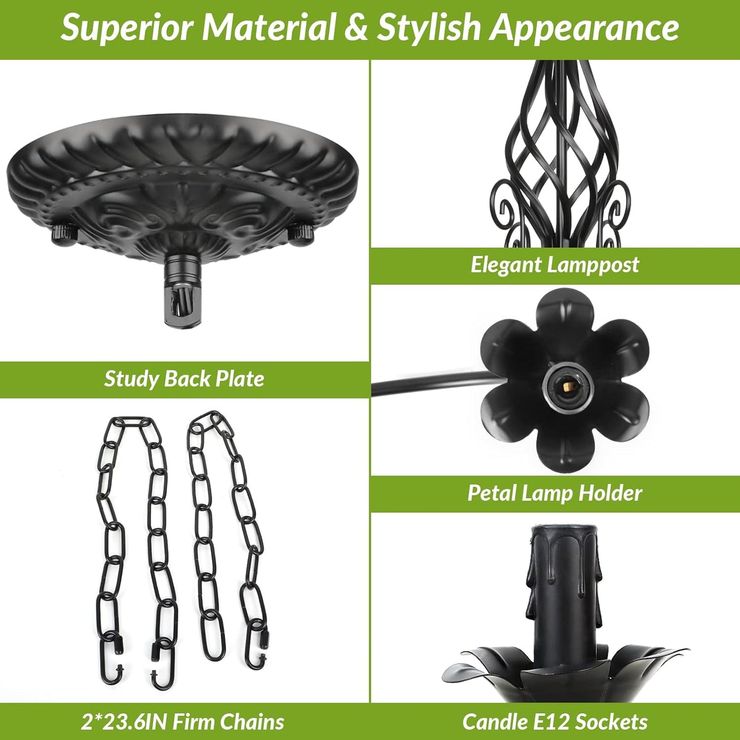 6-Light Farmhouse Candle Chandelier for Living Room, Rustic Industrial Pendant Ceiling Light Fixture, Vintage Hanging Lamp for Bedroom Hallway Kitchen Dining Room Foyer, Matte Black E12 Socket