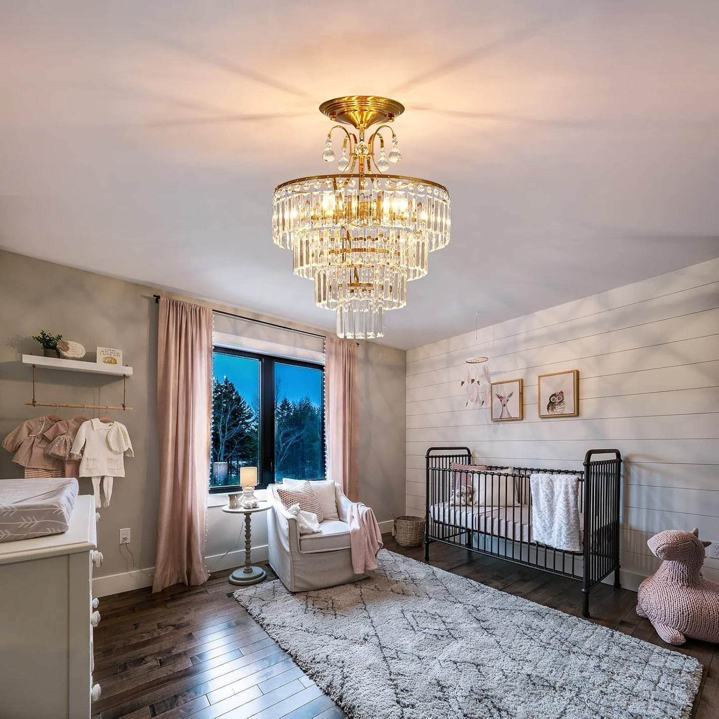 5 -Lights Crystal Gold Chandelier Fixture Modern Semi Flush Mount Ceiling Light with E12 Ceiling Lighting for Bedroom Living Room Kitchen Hallway Dining Room,D15.35 X H20.07