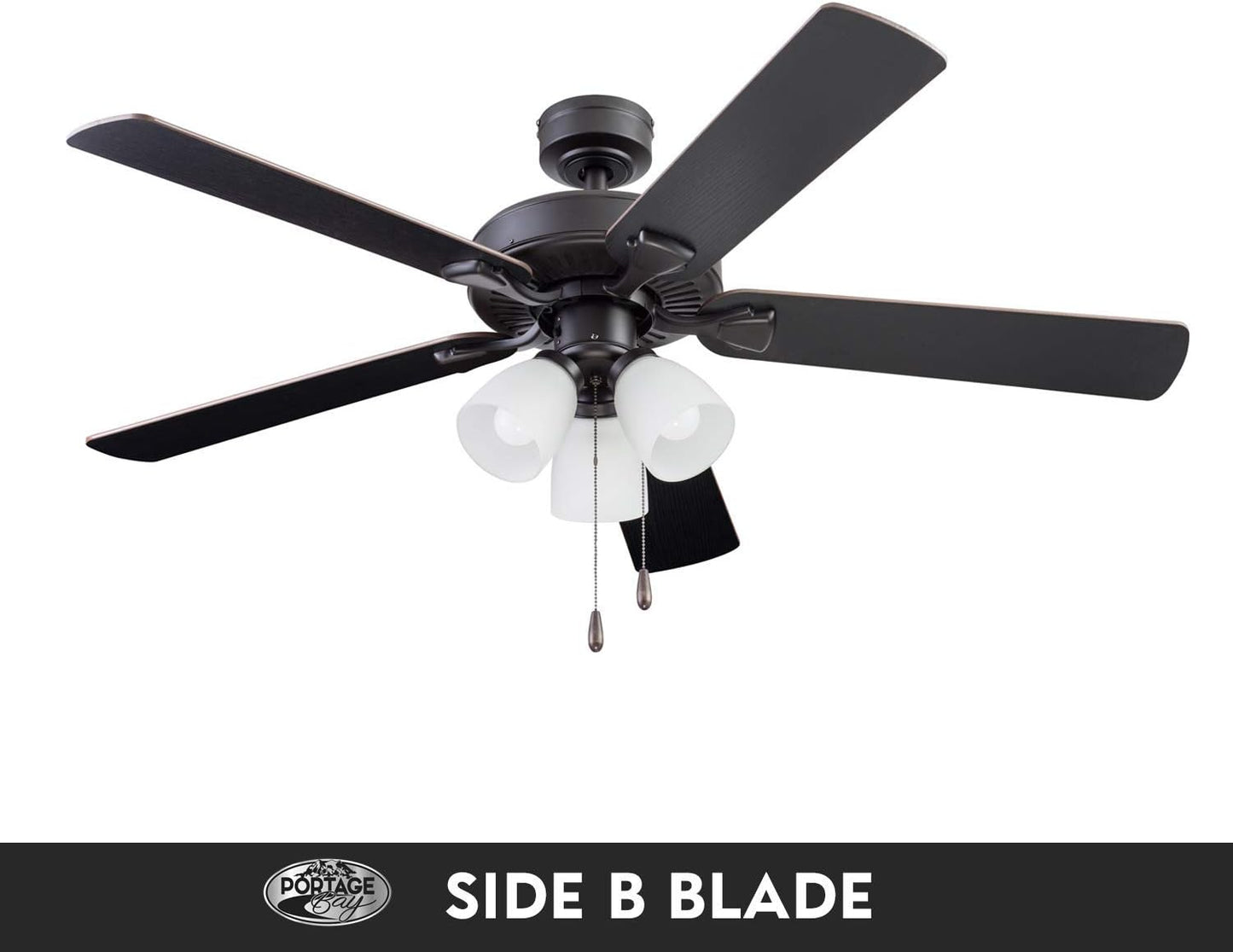 Ceiling Stannor 52" Bronze Indoor Fan with Frosted 3 Light LED Multi Arm E26/A15 Bulb and Pull-Chains, Traditional Style, 5 Reversible Barnwood/Northern Ebony Blades, 51434