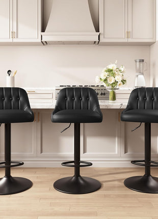 Set of 3 Contemporary Adjustable Swivel Bar Stools with Tufted Backrest, PU Leather Upholstery, Counter Height for Bar, Kitchen Island, and Dining Room, Black
