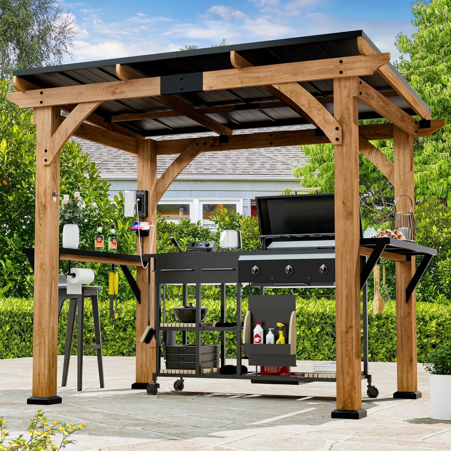 Modern Shade Grill Gazebo 6' X 8', Cedar Wood Gazebo with Shelves and Paper Towel Holder, Patio Pavilion with Galvanized Steel Roof, USB and USB-C Charging Ports for Patio Backyard