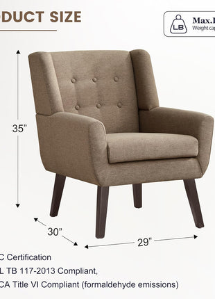 Set of 2 Mid-Century Modern Upholstered Accent Chairs with Button-Tufting and Wooden Legs, Linen Fabric, Brown - Ideal for Living Room and Bedroom