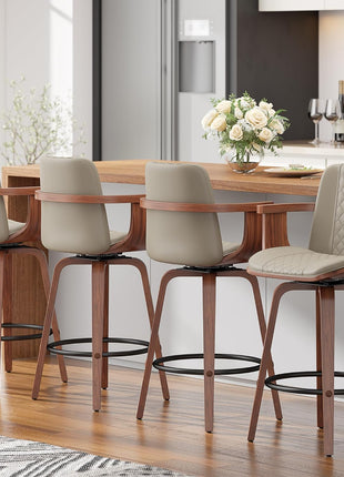 26-Inch Swivel Counter Height Bar Stools with Wooden Legs and Backs, Upholstered PU Leather Bentwood Frame Chairs with Armrests for Kitchen Islands and Dining Rooms in Greige