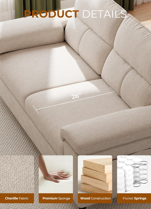 71.25" Contemporary Chenille Loveseat Sofa for Living Room, Deep Seat Design with 8" Cushion and Convertible Armrest, Removable Cover, High Legs (Beige)